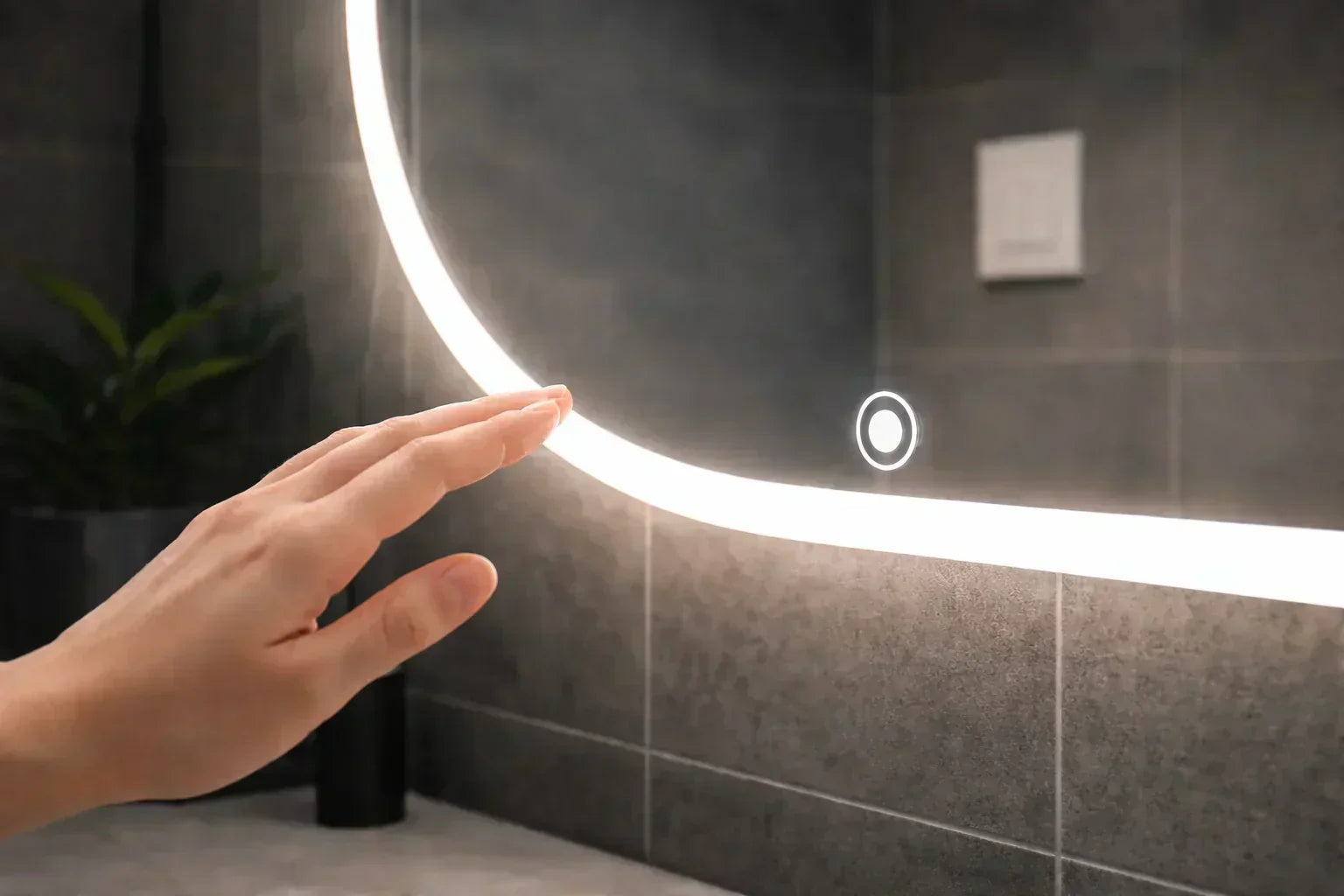 Tuvplāna LED spogulis, kurā fonā redzama skārienvadība un sienas slēdzis