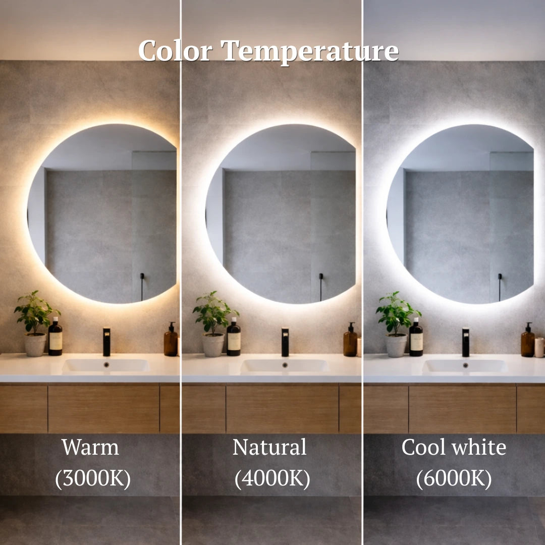 Three different color temperature settings of a bathroom mirror with lights.