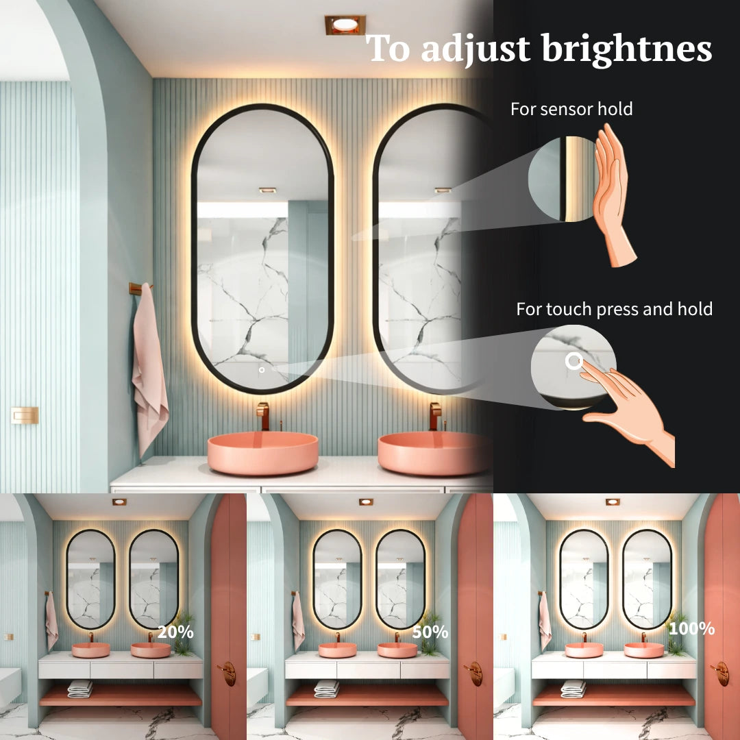 Bathroom interior with two sinks and mirrors, showing brightness adjustment on a digital display.