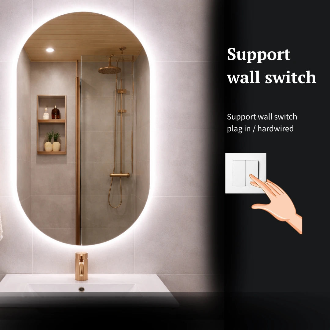 Bathroom setting with a mirror and light fixture, featuring a wall switch illustration.