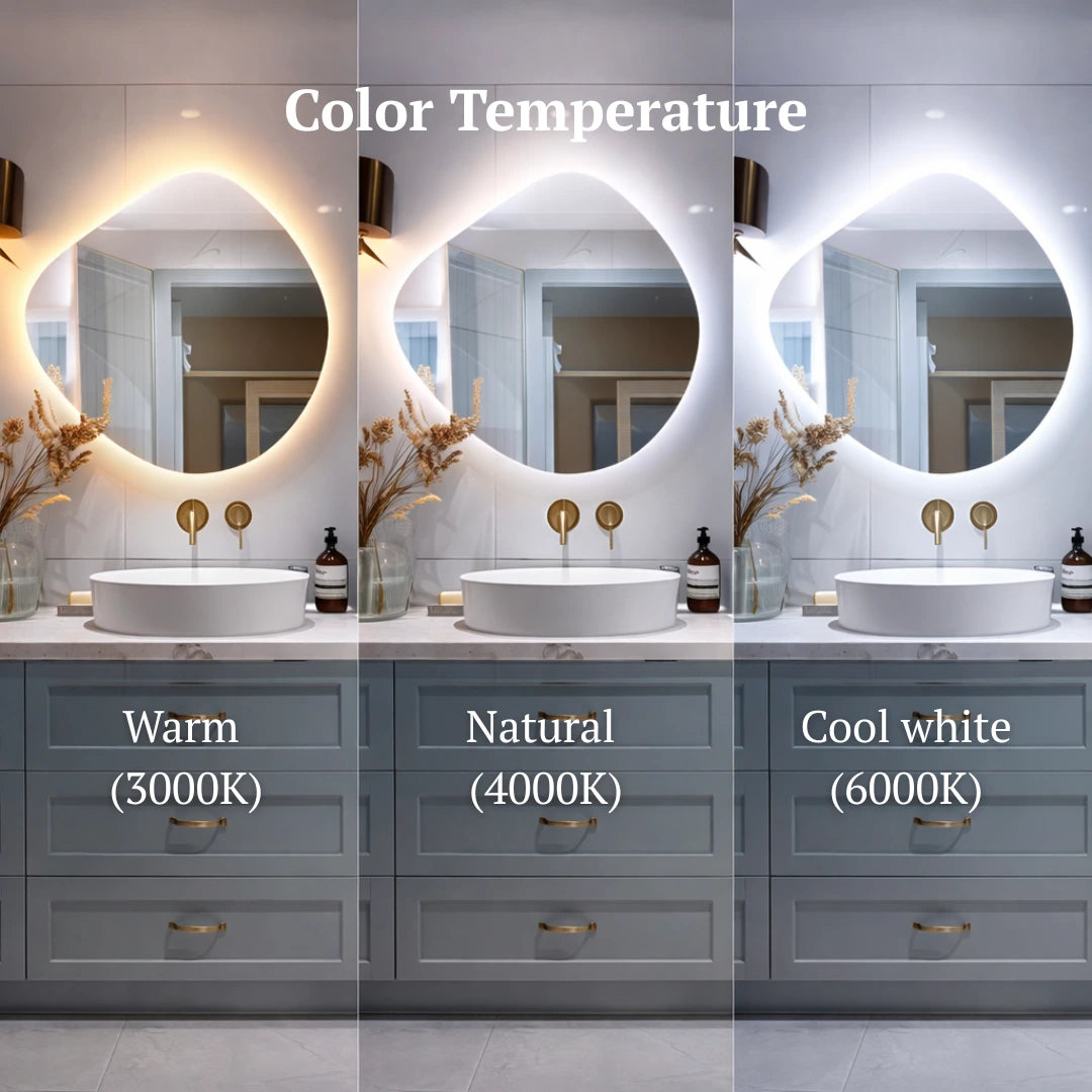 Bathroom vanity with round mirrors showing different color temperatures.
