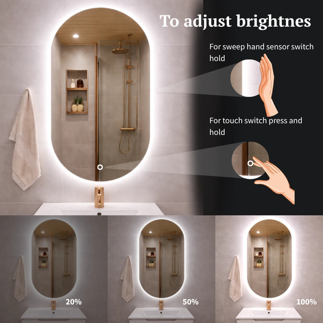 Bathroom mirror with LED lighting control panel, showing brightness adjustment options.