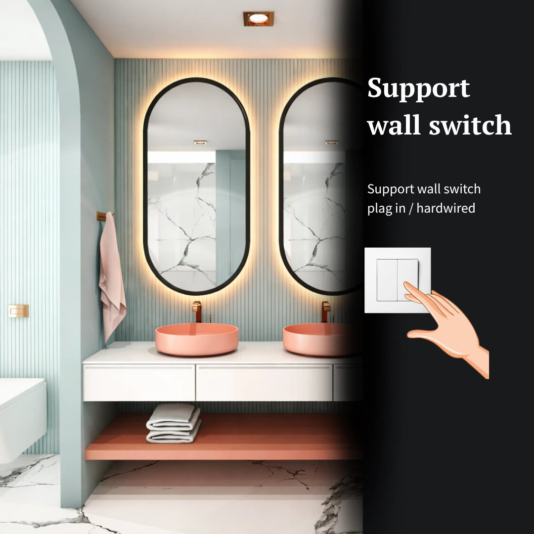 Bathroom vanity with mirrors and a wall switch illustration