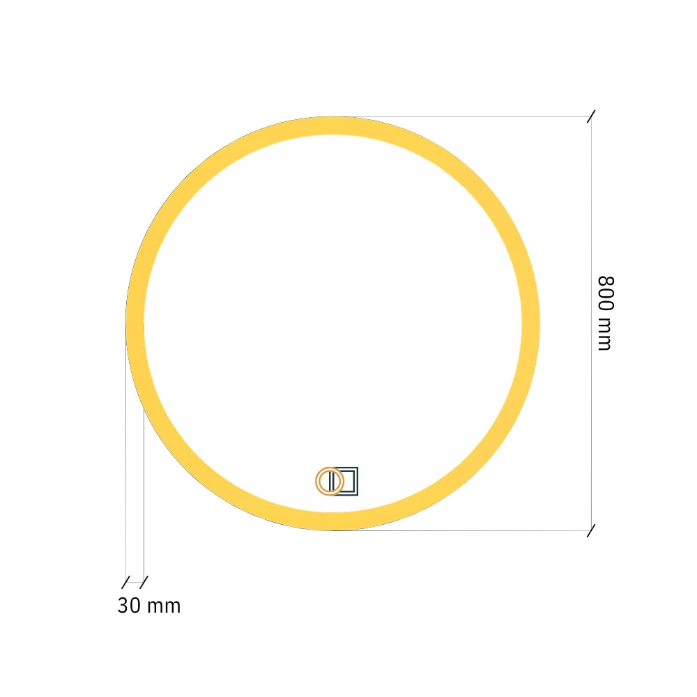 Drawing of a round mirror with front lighting, 800 mm