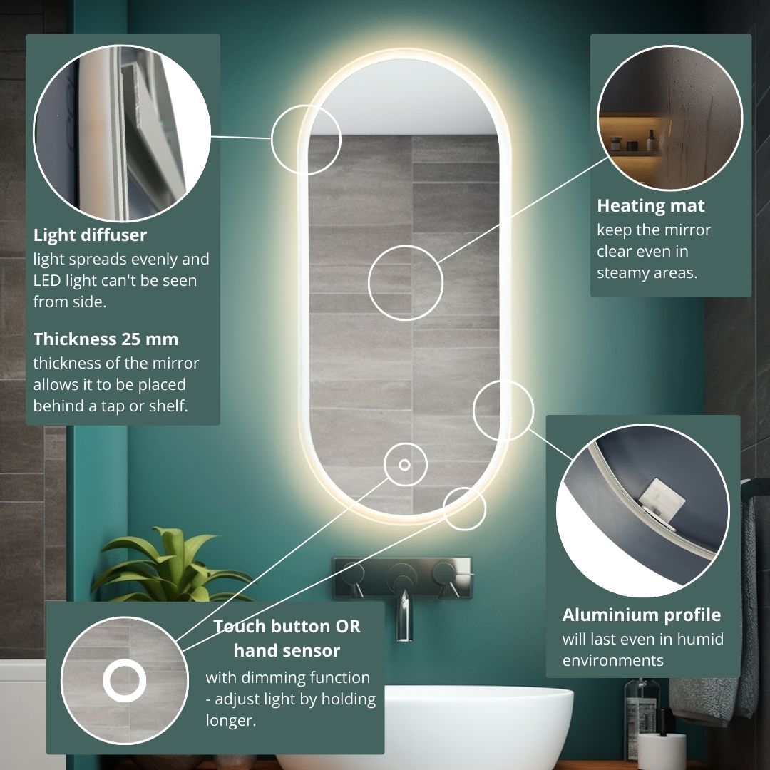 Ovāls LED spogulis Pill ar priekšējo apgaismojumu 450x1000mm