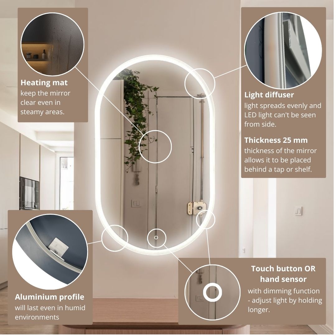 Ovāls LED spogulis Pill ar priekšējo apgaismojumu 600x1000mm