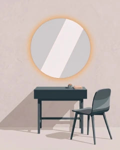 A minimalist illustration of a dark teal desk and matching chair beneath a large oval mirror with a warm glowing border, set against a light beige wall.