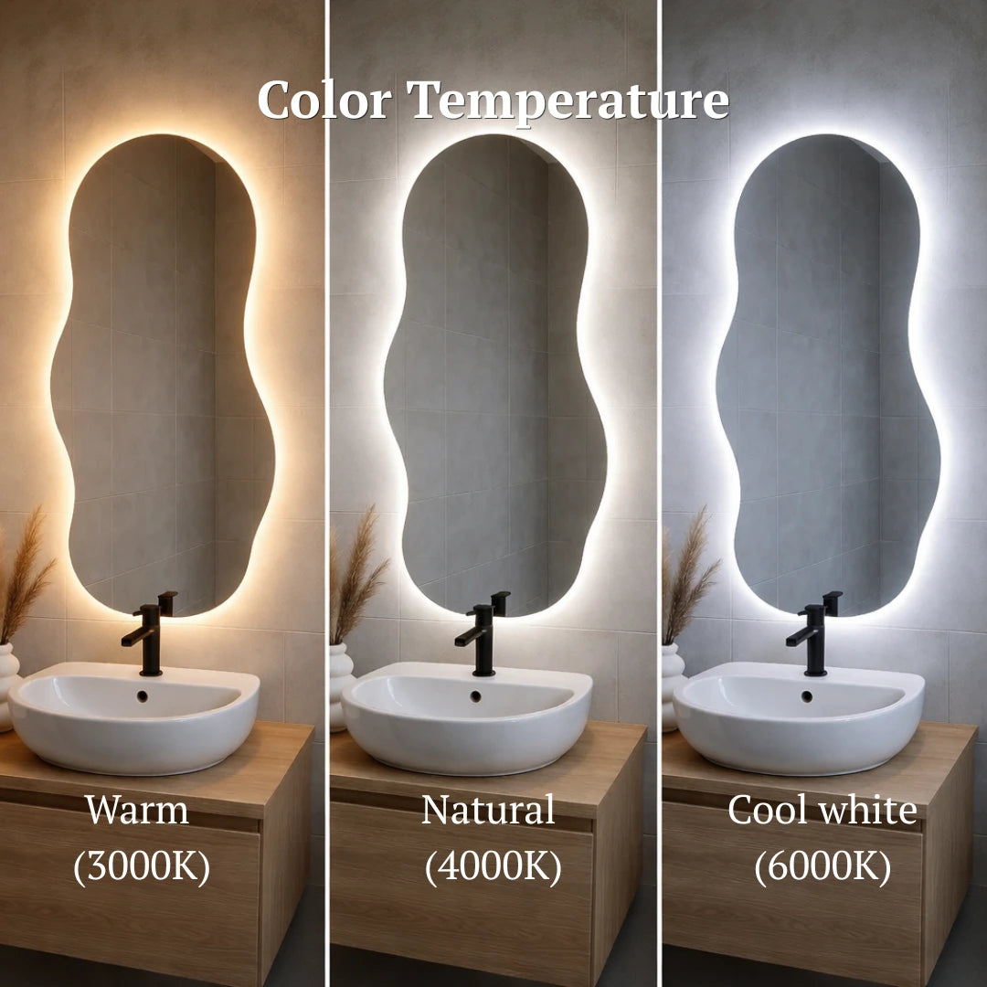 Three different color temperature settings on a bathroom mirror with a sink.