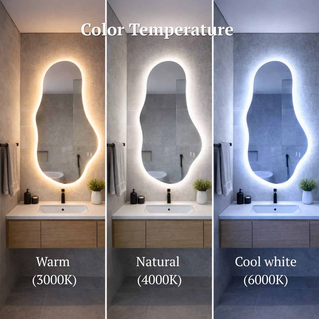 Bathroom vanity with three illuminated mirrors showing warm, natural, and cool white light temperatures.