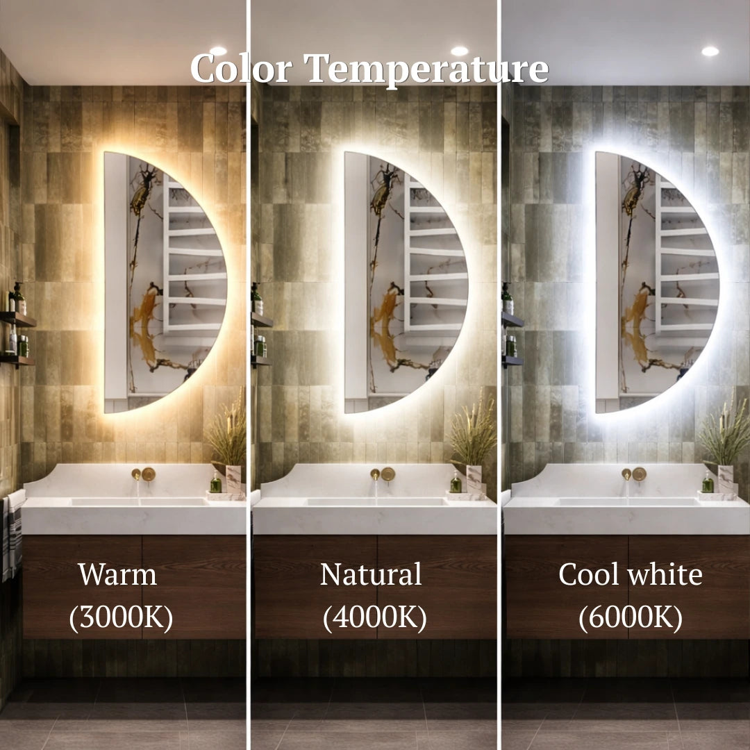 Bathroom vanity with three illuminated mirrors showing warm, natural, and cool white light temperatures.